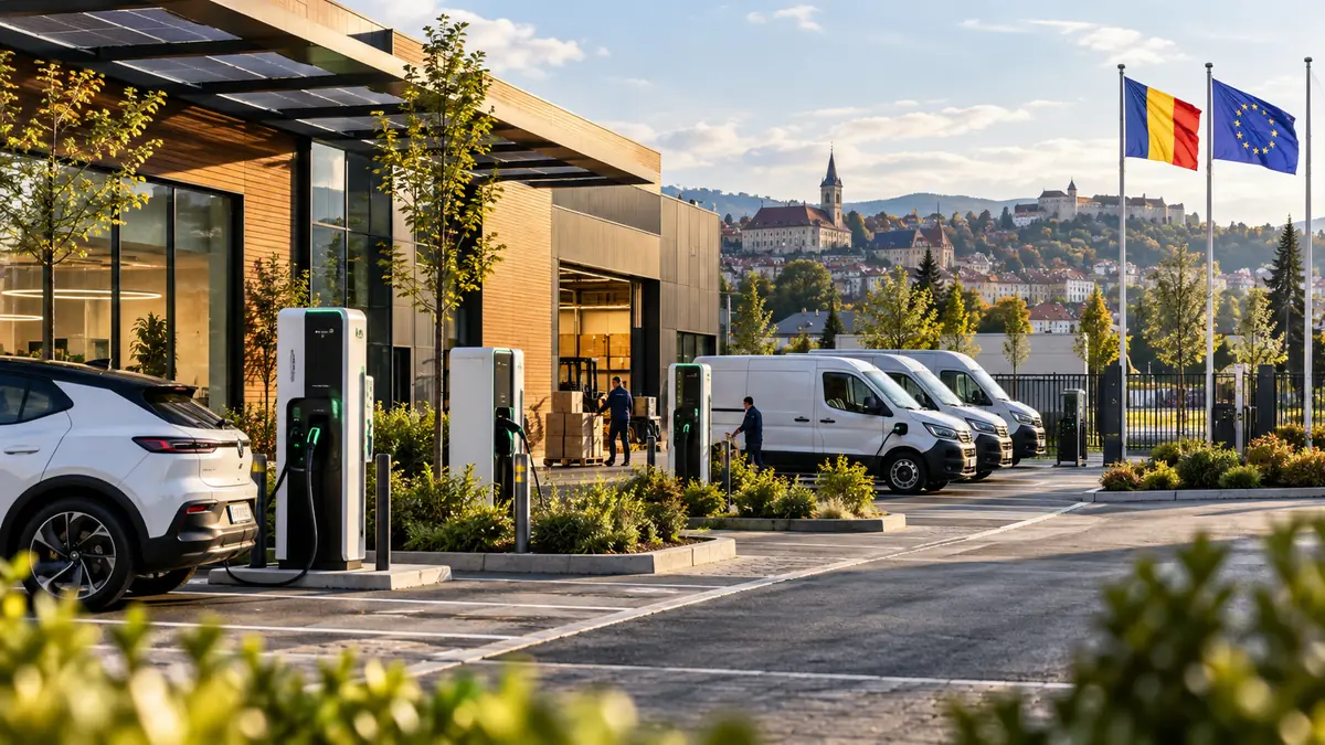 Stații de încărcare pentru vehicule electrice și panouri solare la o firmă