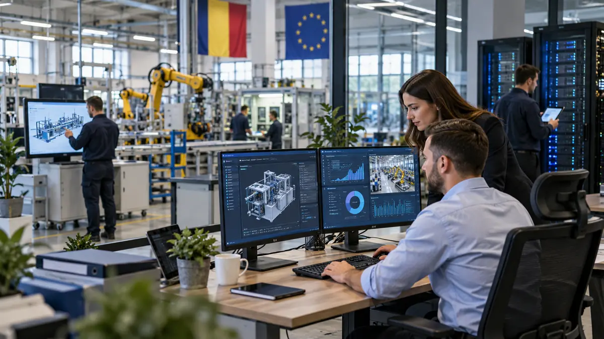 Specialiști care monitorizează producția digitalizată a unei fabrici