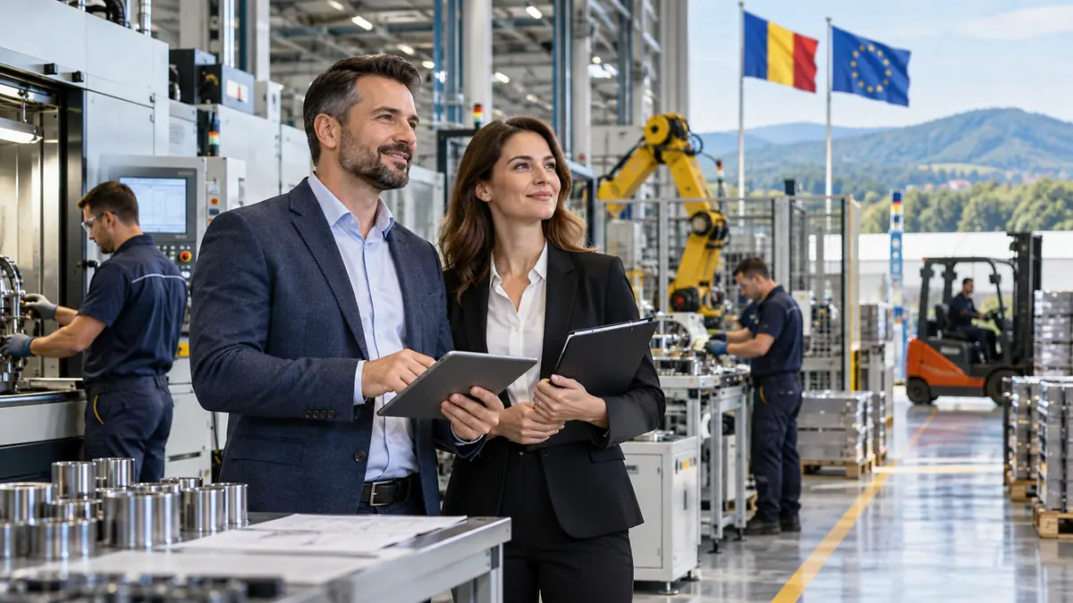 Doi antreprenori într-o fabrică modernă, cu linie automatizată