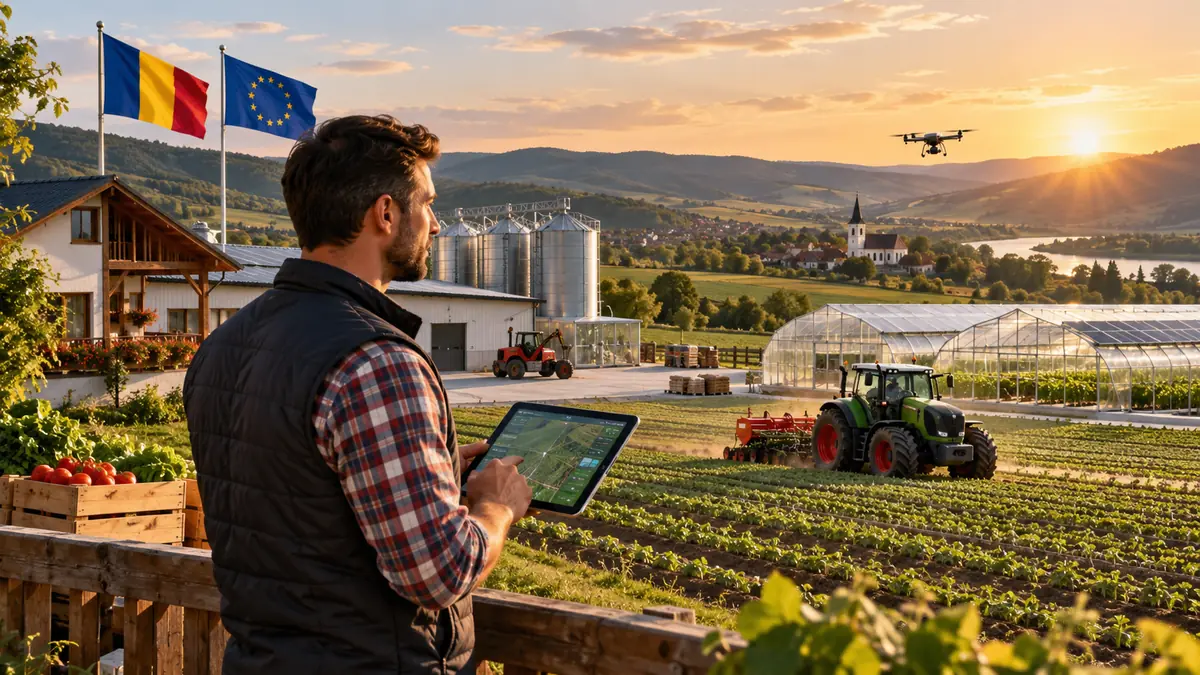 Fermă modernă cu sere, tractor și dronă agricolă