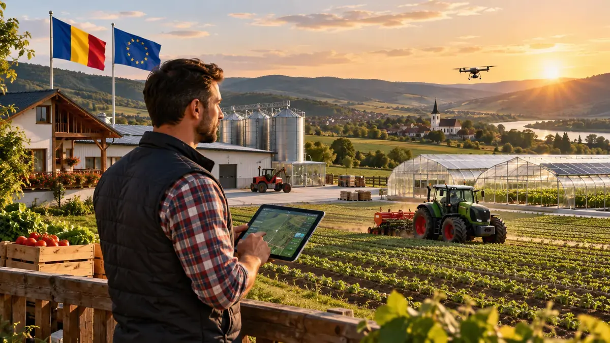 Fermă modernă cu sere, tractor și dronă agricolă