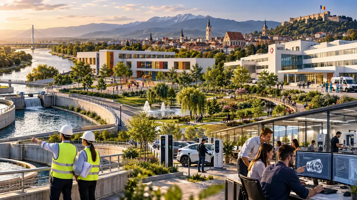 Oraș românesc modernizat cu fonduri europene: școală, spital, parc, stații de încărcare și infrastructură de apă