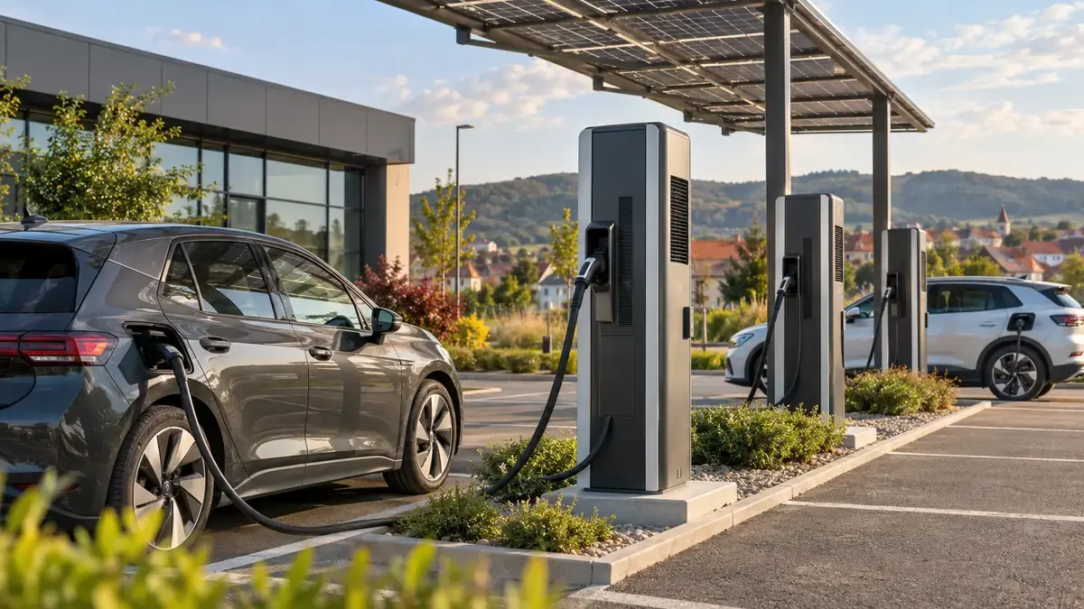 Stații de încărcare rapidă pentru mașini electrice sub o copertină cu panouri fotovoltaice, în parcarea unei firme