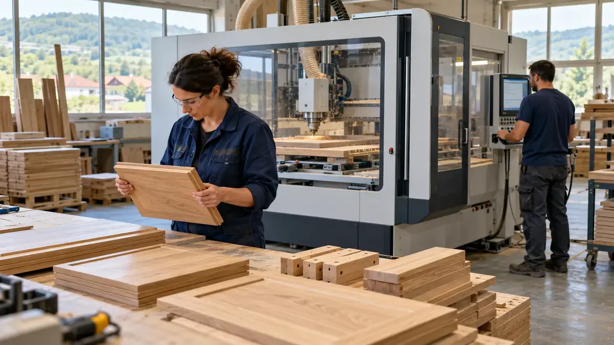 Atelier de prelucrare a lemnului cu utilaj CNC modern, unde doi angajați lucrează la piese din lemn