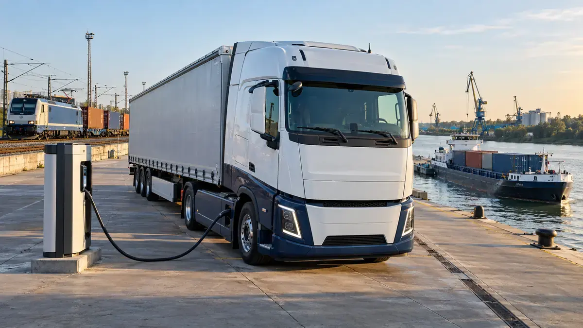 Camion electric la încărcare într-un port dunărean, cu un tren de marfă și o navă de containere în fundal