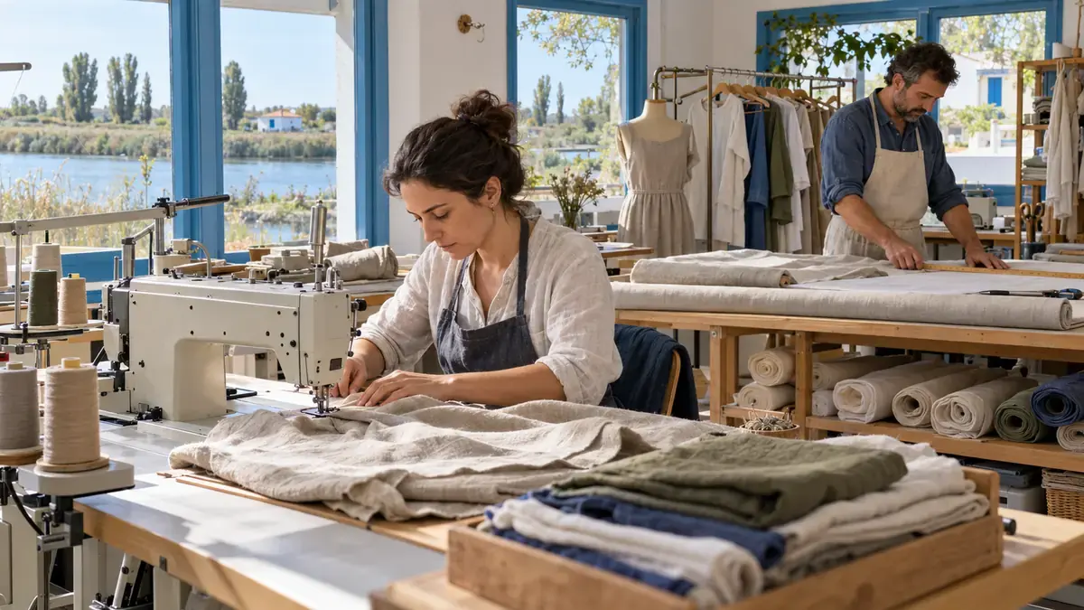 Atelier de confecții cu mașini de cusut și țesături de in, cu vedere spre Delta Dunării