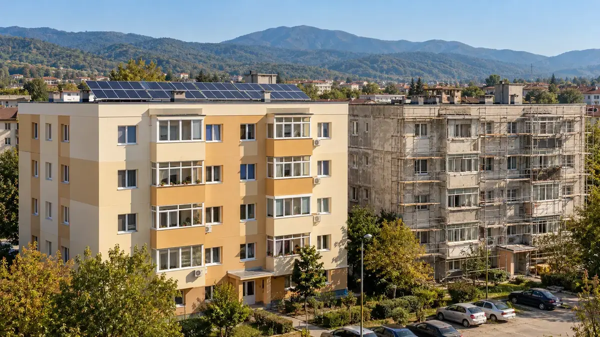 Bloc de locuințe renovat energetic, cu fațada izolată și panouri fotovoltaice, lângă un bloc încă în lucru, cu munți în fundal