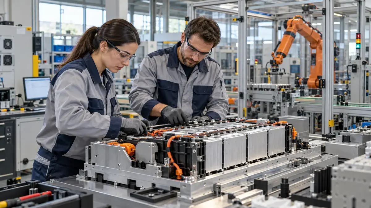 Doi ingineri asamblează un modul de baterii pe o linie pilot, cu un braț robotic industrial în fundal