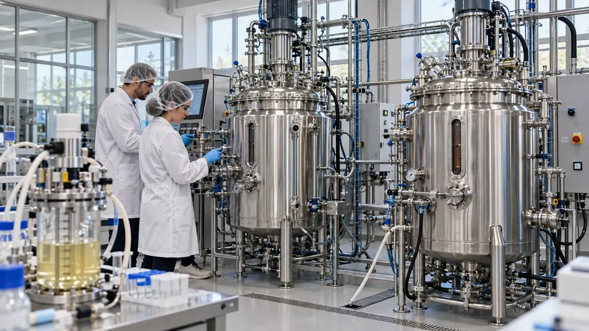 Doi cercetători în halate verifică panoul de control al unor bioreactoare din inox, într-un laborator pilot de biotehnologie