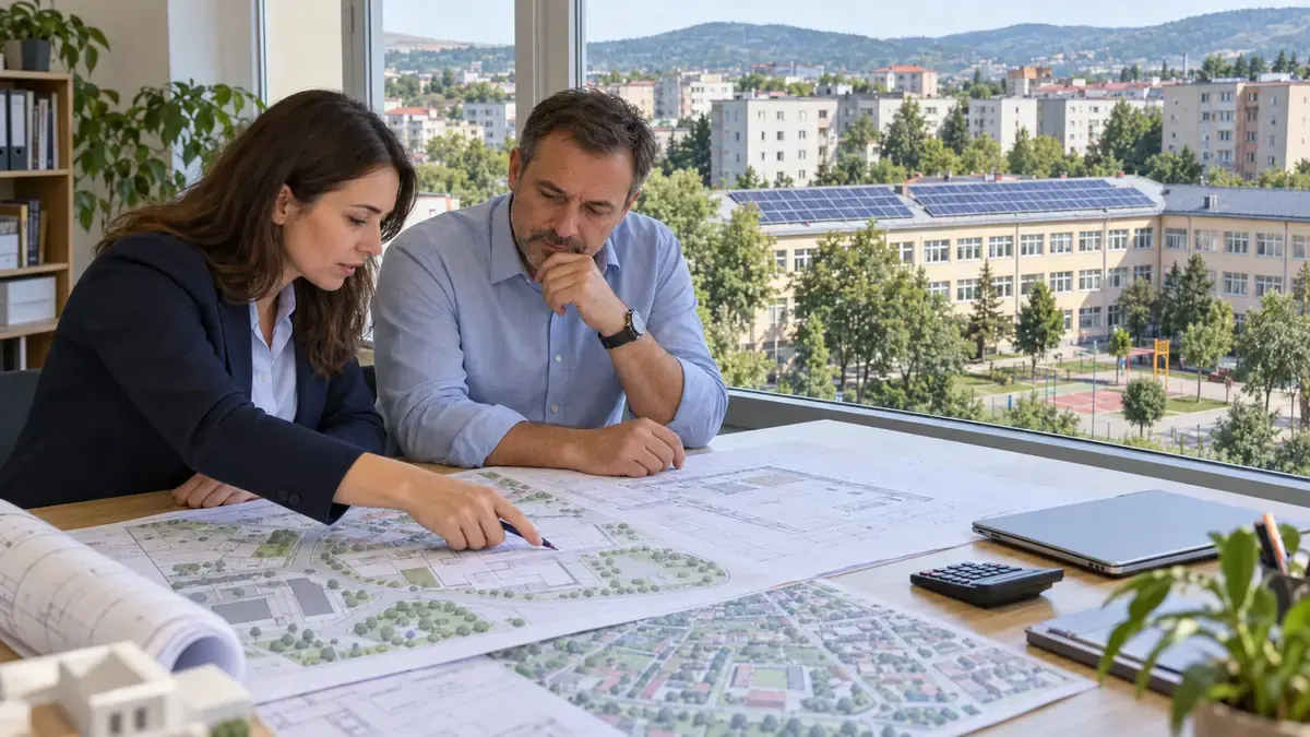 Doi specialiști analizează planurile unui cartier într-un birou cu vedere spre blocuri și o școală cu panouri solare pe acoperiș