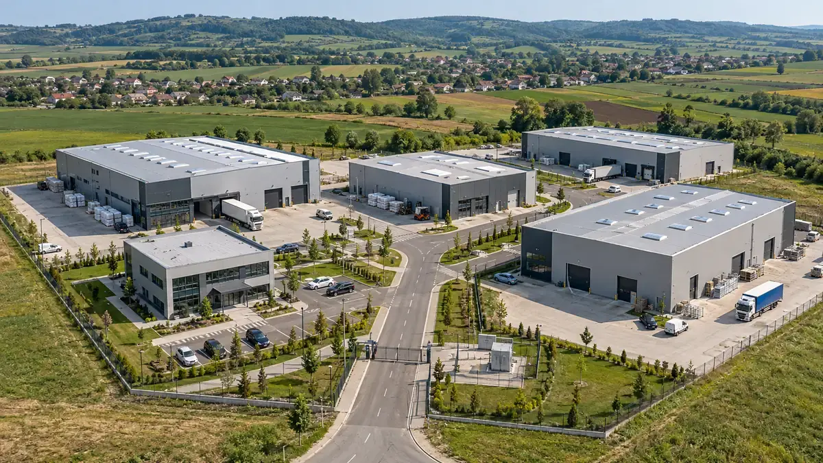 Vedere aeriană a unui parc industrial nou, cu hale gri, drumuri interne, camioane și o clădire de birouri, între câmpuri și un sat